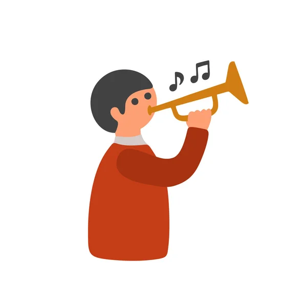 Little boy in red clothes playing beautiful music on the trumpet. — Image vectorielle