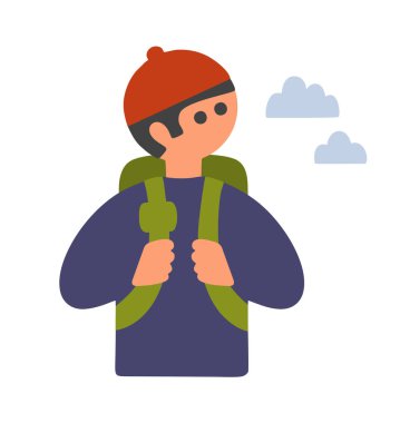 Genç çocuk yeşil sırt çantasıyla yürüyüşe çıkıyor..