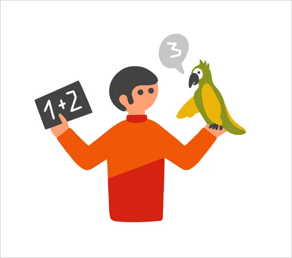 Giovane con pappagallo domestico che gli insegna a contare e parlare. — Vettoriale Stock