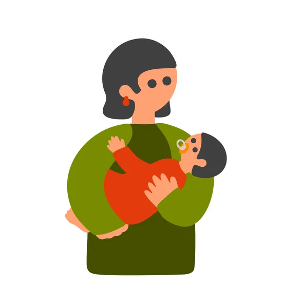 Joven bonita mujer colgando bebé niño en sus manos. — Vector de stock