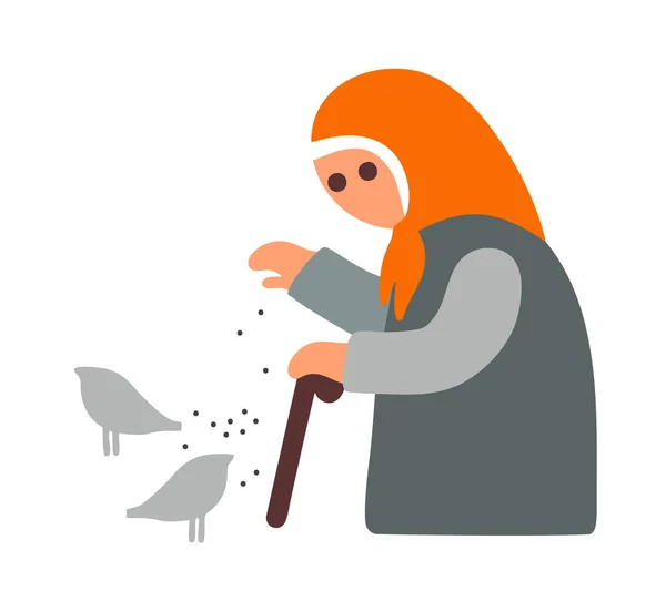 Mujer vieja alimentando pájaros al aire libre. Arte vectorial. Vector De Stock