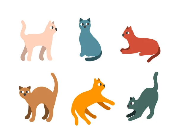 Ensemble de beaux chats dessinés à la main dans des couleurs rétro. — Image vectorielle