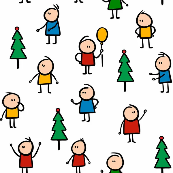 Nahtloses Muster für Weihnachten mit niedlichen Kritzelfiguren und Bäumen. — Stockvektor