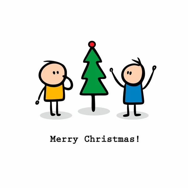 Linda tarjeta para saludos de Navidad con personajes garabatos dibujados a mano. — Vector de stock