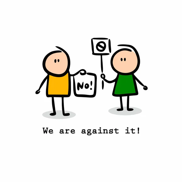 Postcard with protest message in simple doodle style. Two little people with banners against something. — Stock Vector