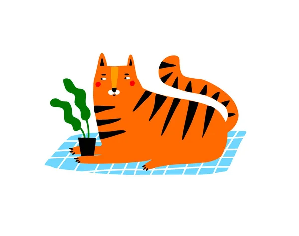 Leuke huiselijke tijger ligt op het tapijt met plant in poten. — Stockvector