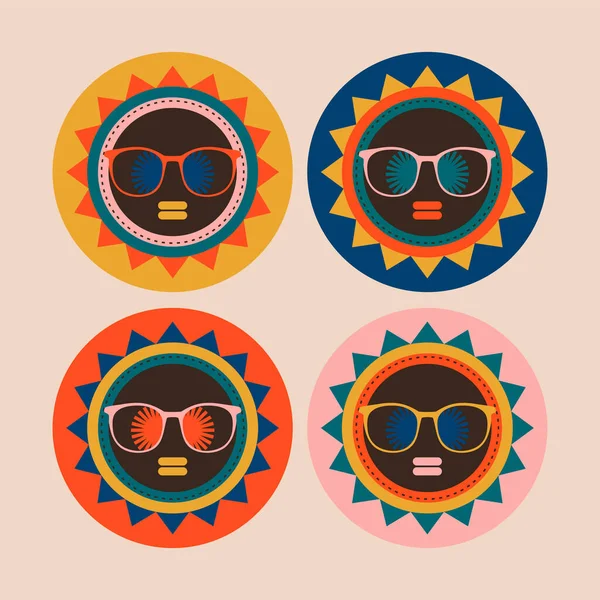 Set of colorful afro faces in sun decor. — Stock Vector