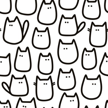 Siyah ve beyaz renkli karalama yapan kedilerin kusursuz desenleri.