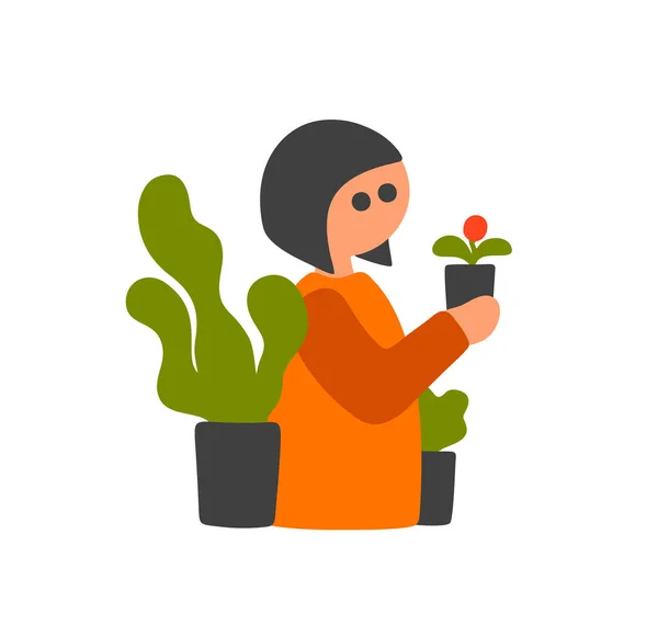 Menina moderna com casa jardim segurando planta em suas mãos. —  Vetores de Stock