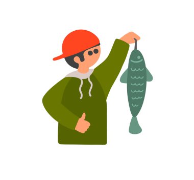 Genç balıkçı büyük balığı tutuyor. Kırmızı şapkalı şanslı çocuk..