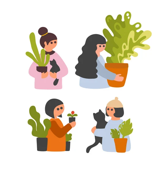 Conjunto de chicas lindas con plantas amantes del gato. Arte vectorial. — Vector de stock