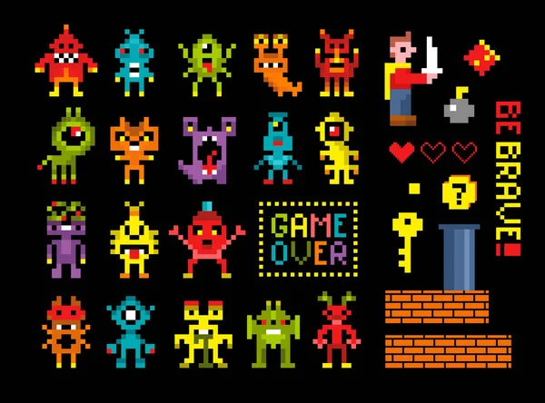 Conjunto de personajes de videojuegos de píxeles en estilo retro ordenador. — Vector de stock