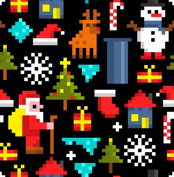 Zökkenőmentes boldog karácsonyi minta pixel rajzfilmfigurák. — Stock Vector