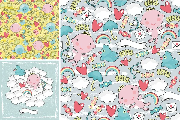 Verzameling van cute patronen met engelen in de hemel. — Stockvector
