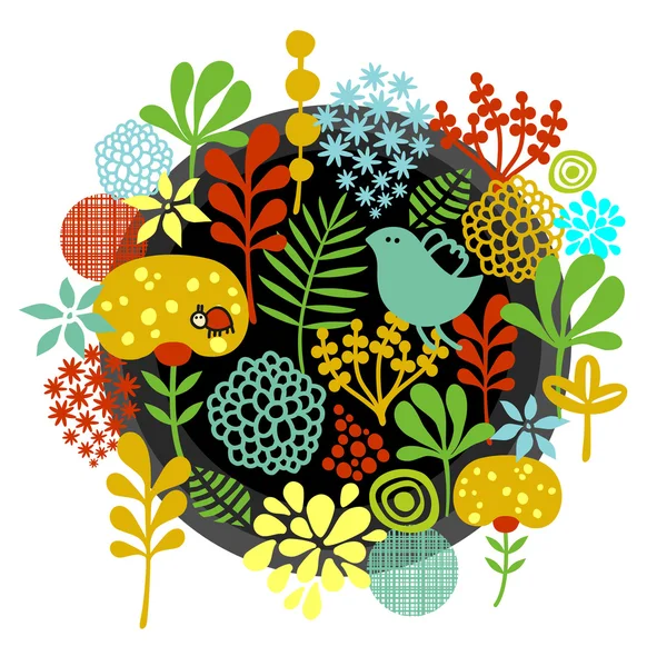 Étiquette florale avec oiseaux et insectes . — Image vectorielle