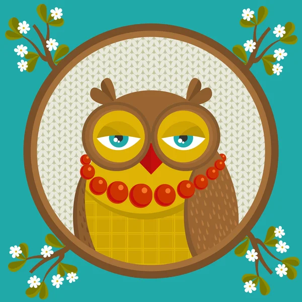 Portrait of fashionable owl in the frame with branch in flowers. Spring bright background. Bird in retro style with accessory. Vector illustration. — Stock Vector