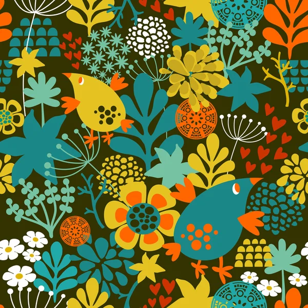 Naadloze patroon met vintage bloemen en vogels. — Stockvector