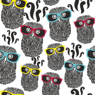 pattern with happy owls in sunglasses. clipart