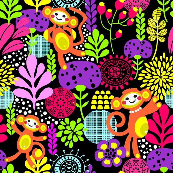 Macacos textura sem costura com flores — Vetor de Stock