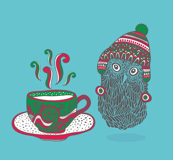 Little owl med en kopp varmt te. — Stock vektor