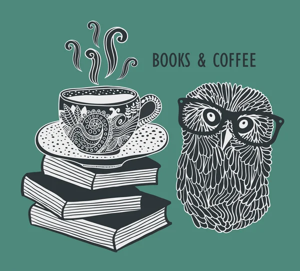 Coffee and books with  clever owl — Stock Vector
