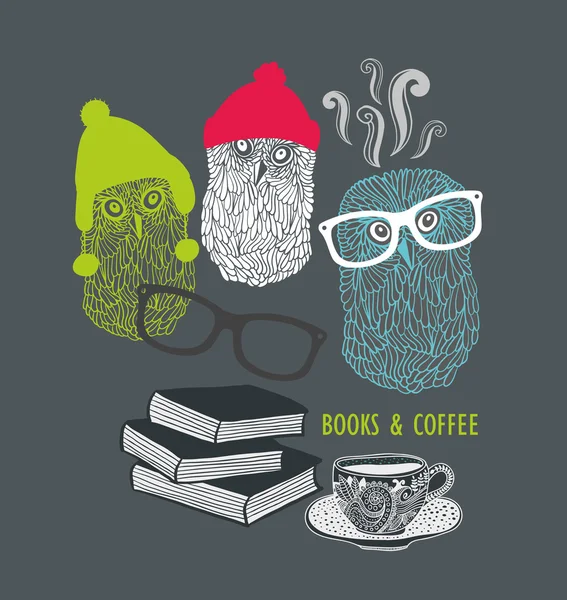 Owls with books and cup of coffee — Stock Vector