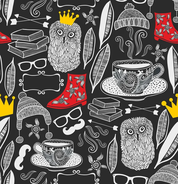 Seamless pattern with owls in crown