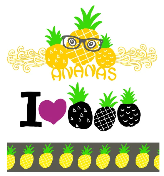 Ananas için sevgi ile etiket kümesi — Stok Vektör