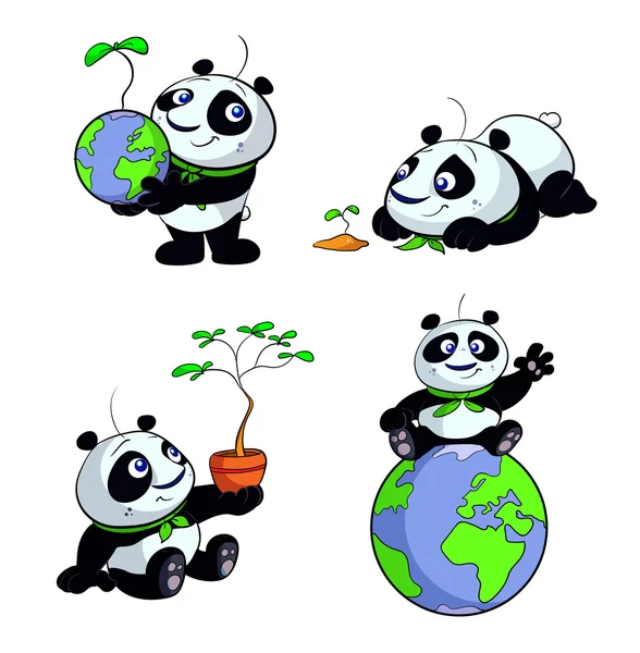 Carino panda eco verde vettore set — Vettoriale Stock