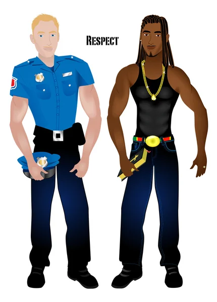 Hombre negro policía blanco — Vector de stock