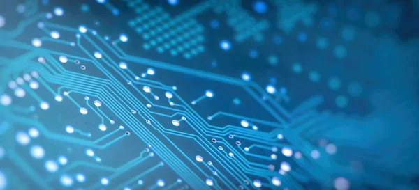 High Tech Circuit Board. Creative blurry blue circuit wallpaper. Technology and computing concept. Network Technology Background .