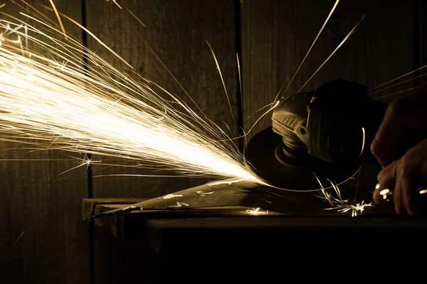 Metal grinding on steel pipe close up — Stock Photo, Image