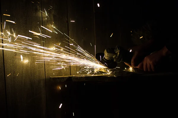 Metal grinding on steel pipe close up — Stock Photo, Image