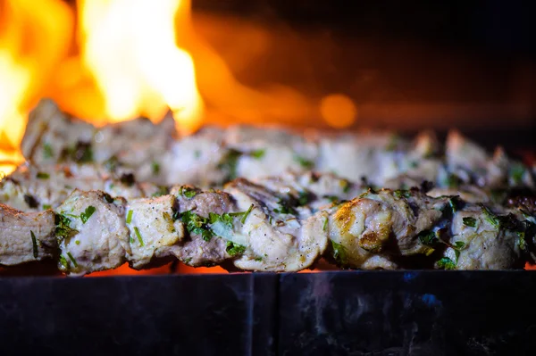 As partes suculentas de carne preparam-se no fogo — Fotografia de Stock