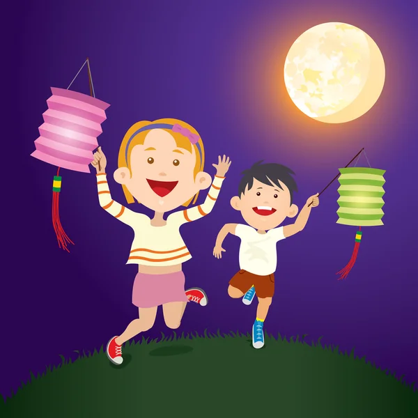 Running Kids sostiene la linterna de papel bajo la luna llena — Vector de stock