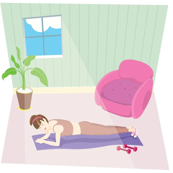 Chica Mujer Haciendo Tablón Ejercicio Yoga Casa — Vector de stock