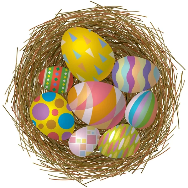 Easter basket with colorful eggs in nest on white background — Stock Vector