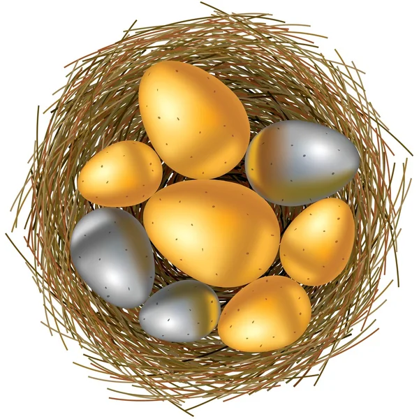 Cesto pasquale con uova d'oro e d'argento su sfondo bianco — Vettoriale Stock
