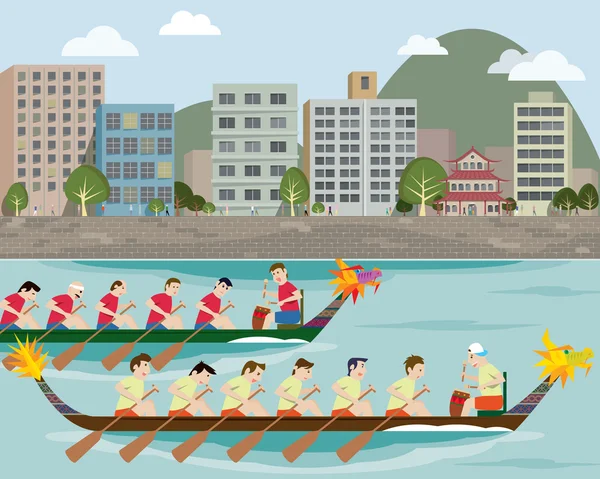 Dragon boat racing on the city harbour — Stock Vector