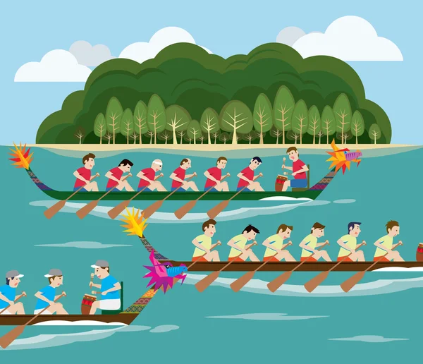 Dragon boat racing med Island view — Stock vektor