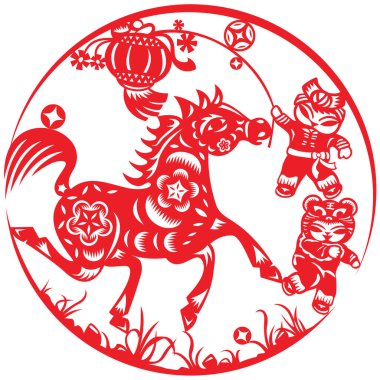 Red Chinese paper cut art features a galloping horse with intricate floral patterns, accompanied by two children in festive outfits holding a lantern, all within a circular frame with grass below