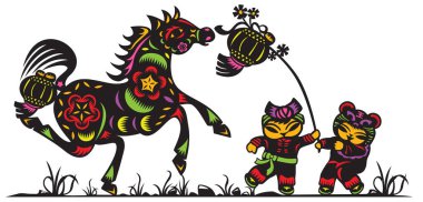 Vibrant Color Chinese paper cut art of a horse in stride, two Chinese dolls playing with the Lantern