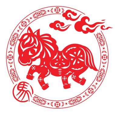 Vibrant red Chinese paper cut art of a horse in stride, with ornate circular border, clouds, and a zodiac character