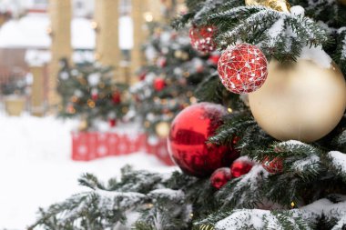 Dışarıda süslemeli yeşil ağaç