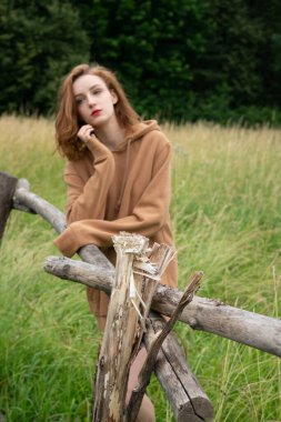 Yazın kahverengi bir kazakla tarlada poz veren güzel bir kadın.