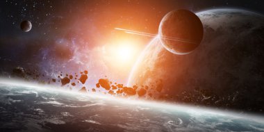 Grup gezegenlerin uzayda üzerinde gündoğumu