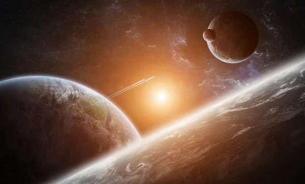 Soluppgång över gruppen av planet i rymden — Stockfoto