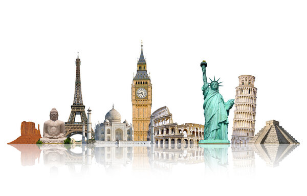 Famous monuments of the world grouped together on white background