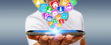 İşadamı modern cep telefonu uygulamalarıyla kullanma
