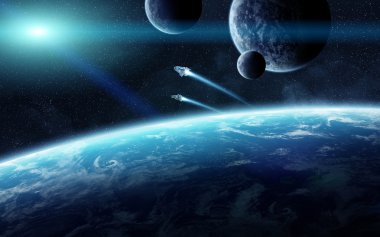 Grup gezegenlerin uzayda üzerinde gündoğumu